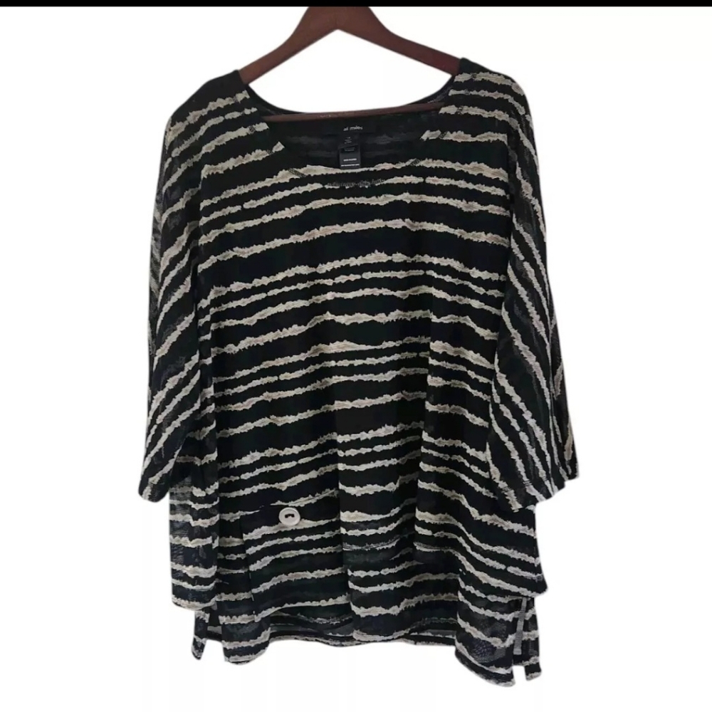 Ali Miles Black Beige Printed Sheer Layered Button Back Top Langenlook 1X New